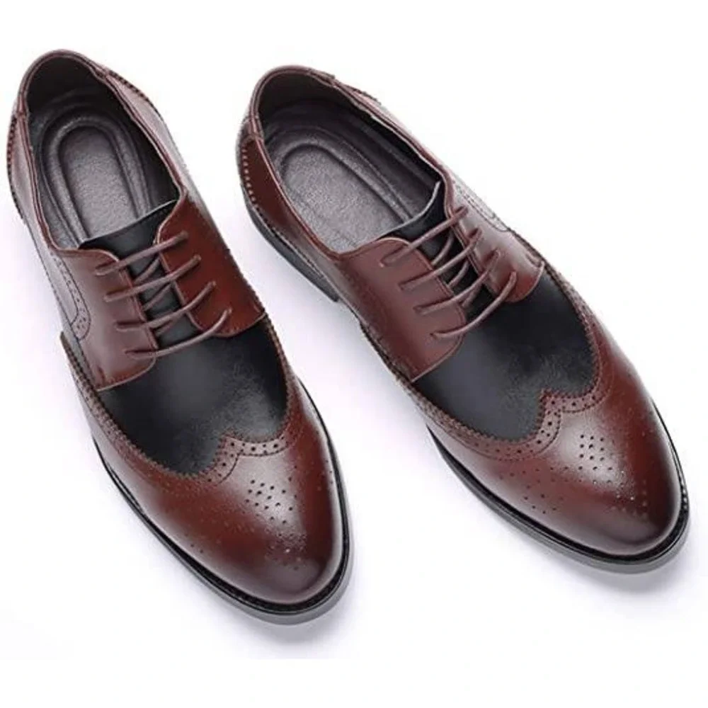 Santimon‎ Men's US 7.5 Brown Black Wingtip Lace Up Derby Pointed Toe Shoes